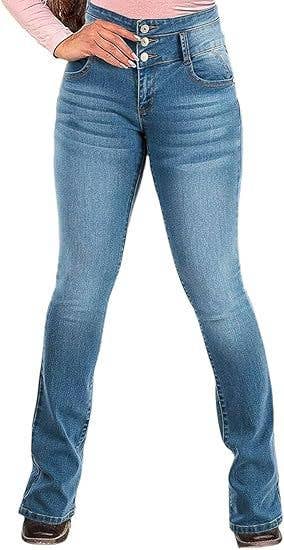 Three-button high-waisted flared stretch jeans