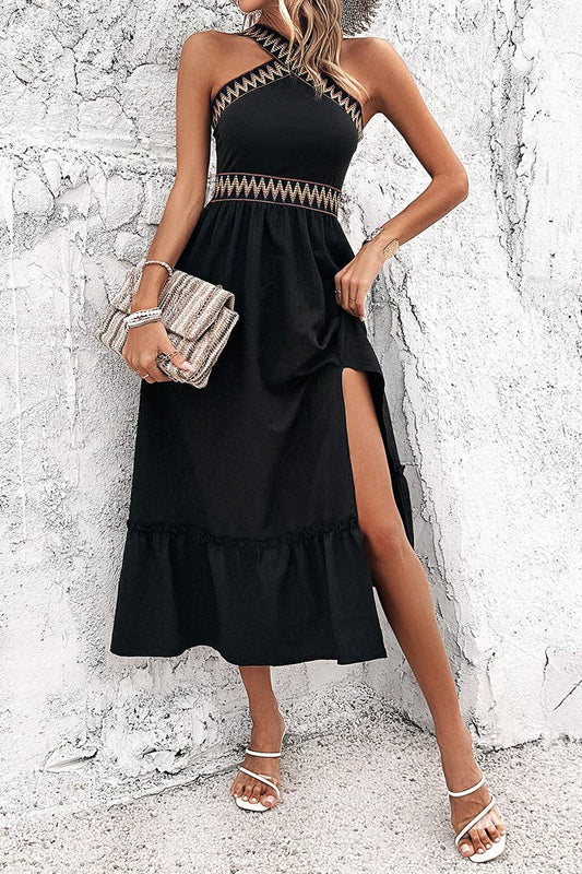 CWDTD0413_HIGH WAIST HALTER NECK CONTRAST COLOR SLIT DRESS