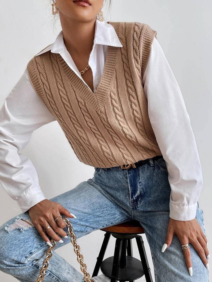Solid color versatile loose knitted vest
