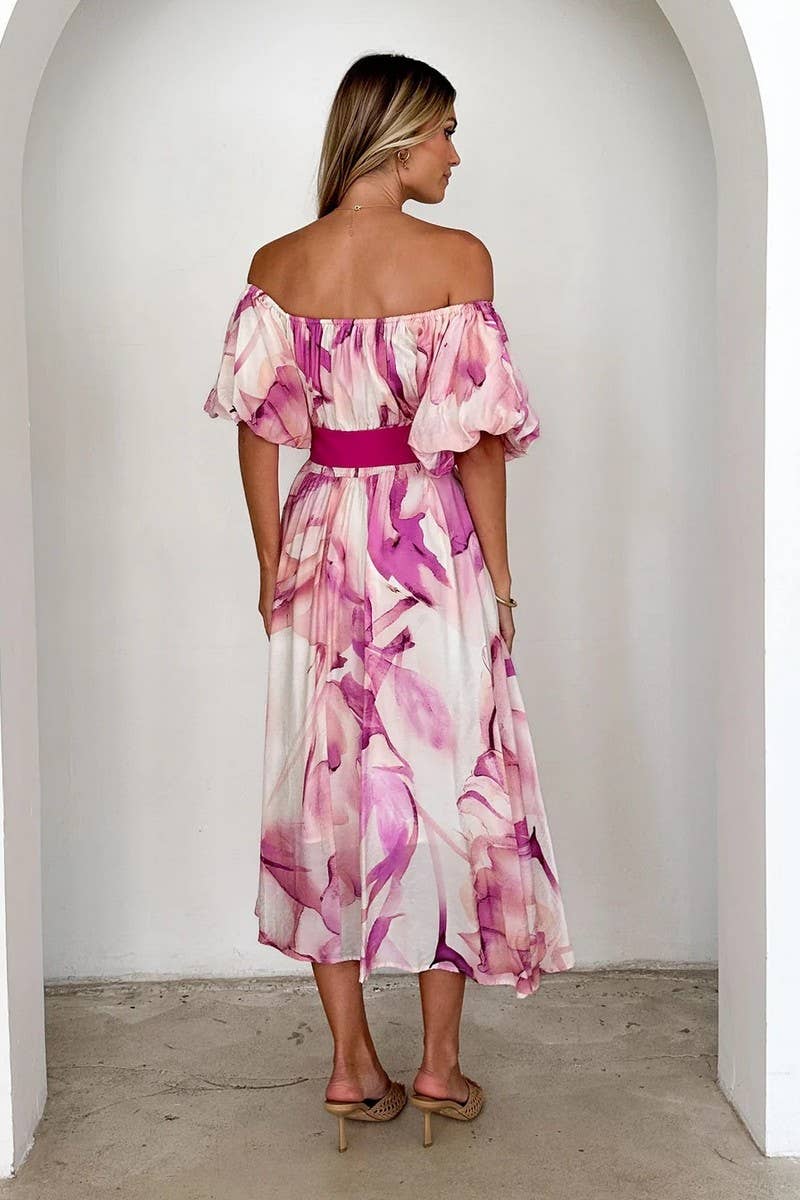 CWDMD5899_ELEGANT OFF-SHOULDER WAISTED PUFF SLEEVE DRESS