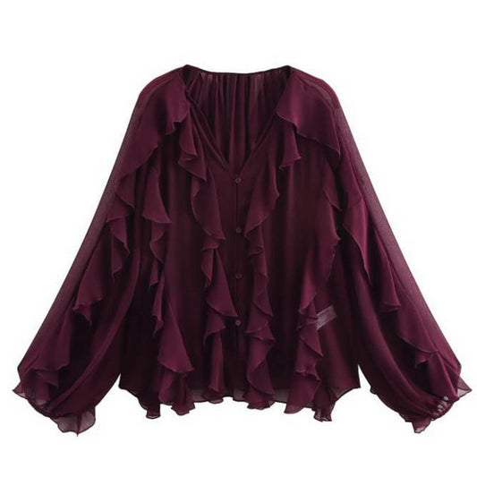 Women's Stylish Ruffled V-Neck Spring Blouse