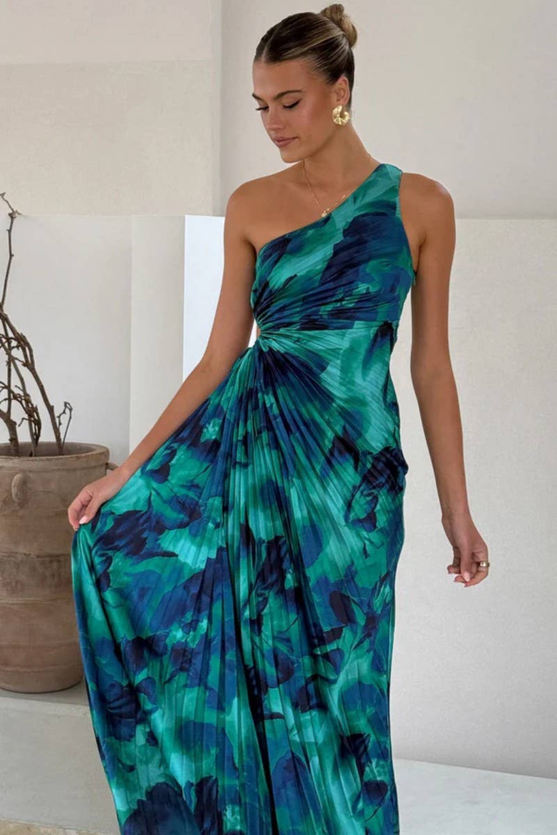 CWDMD5184_ASYMMETRICAL ONE-SHOULDER PLEATED PRINT DRESS