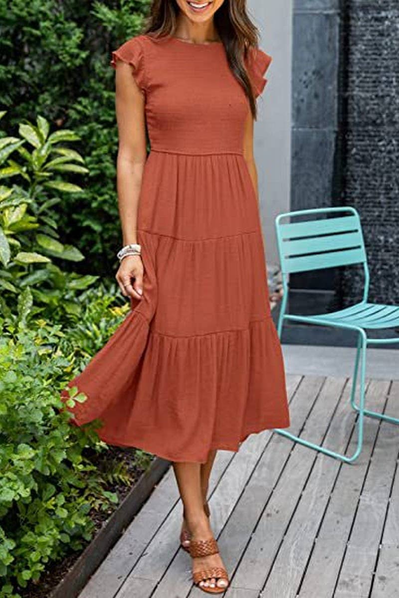 CWDMD2568_FLYING SLEEVE SHIRRED LAYERED SHORT SLEEVE DRESS