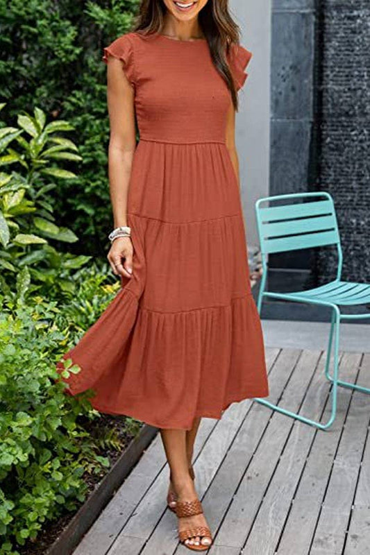 CWDMD2568_FLYING SLEEVE SHIRRED LAYERED SHORT SLEEVE DRESS