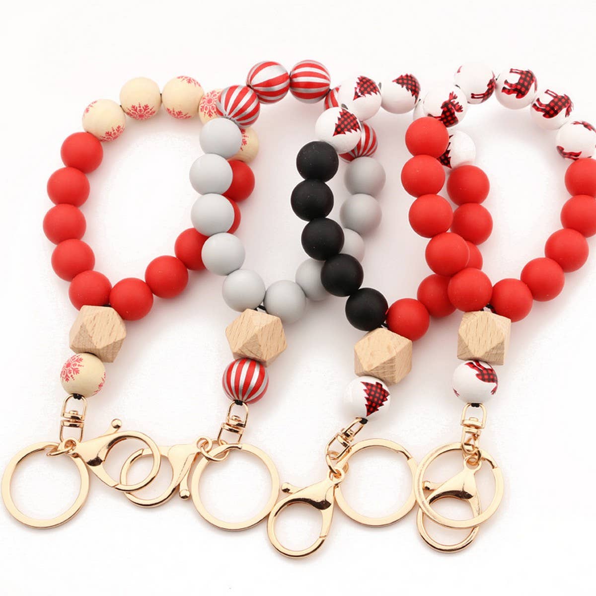 Christmas Wood Bead Bracelet with Silicone Keychain