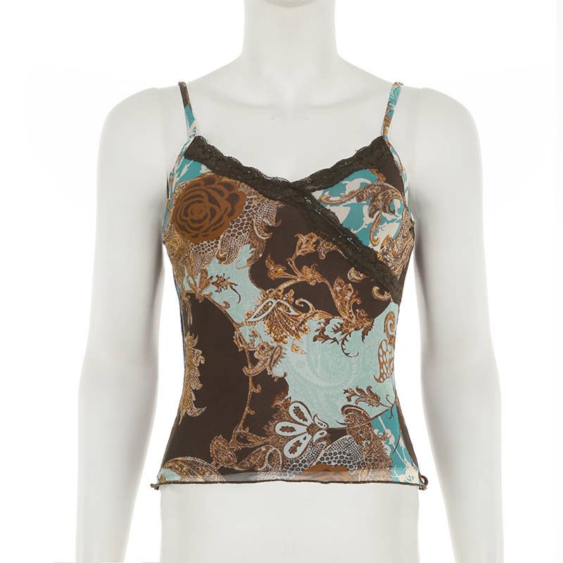 V-neck Slim Vintage print Lace Halter top