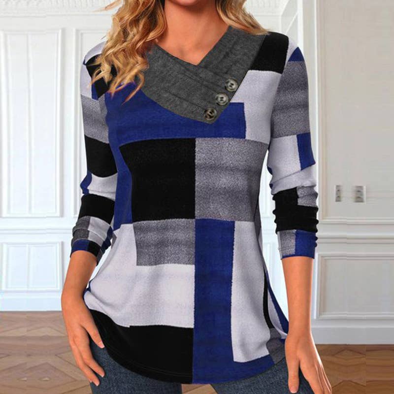 KNIT PLAID PRINT PULLOVER LONG SLEEVE T-SHIRT