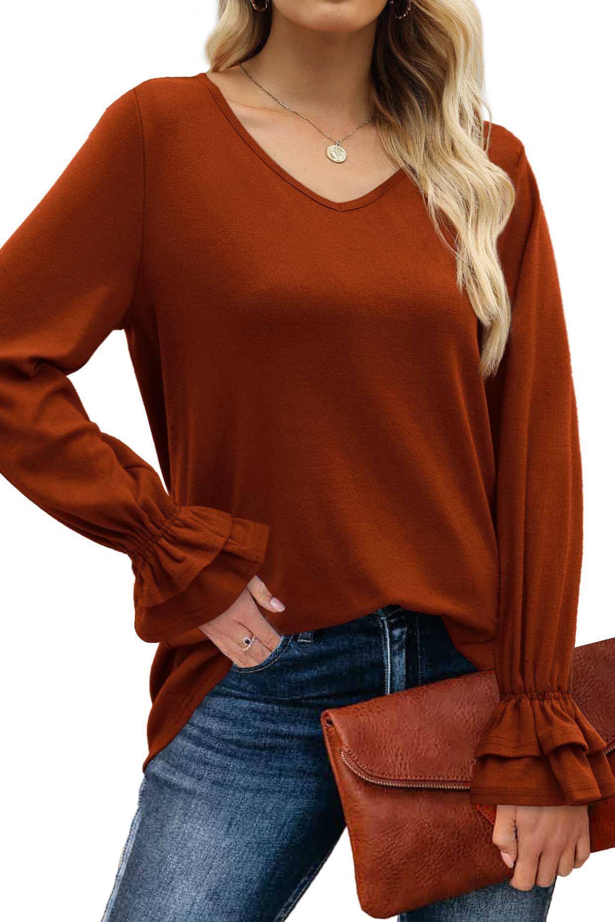 FLARED LONG SLEEVE SOLID COLOR T-SHIRT BLOUSE
