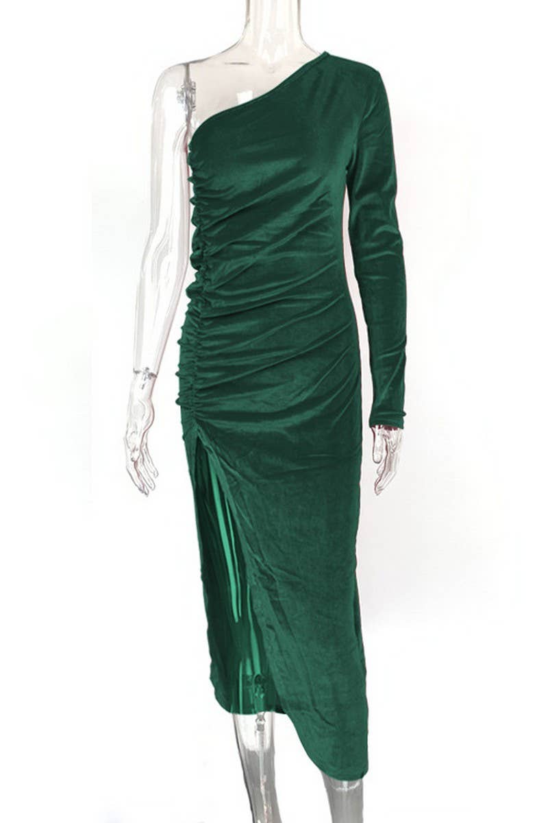 CWDMD4905_VELVET PLEATED SLIT ONE SHOULDER PARTY DRESS