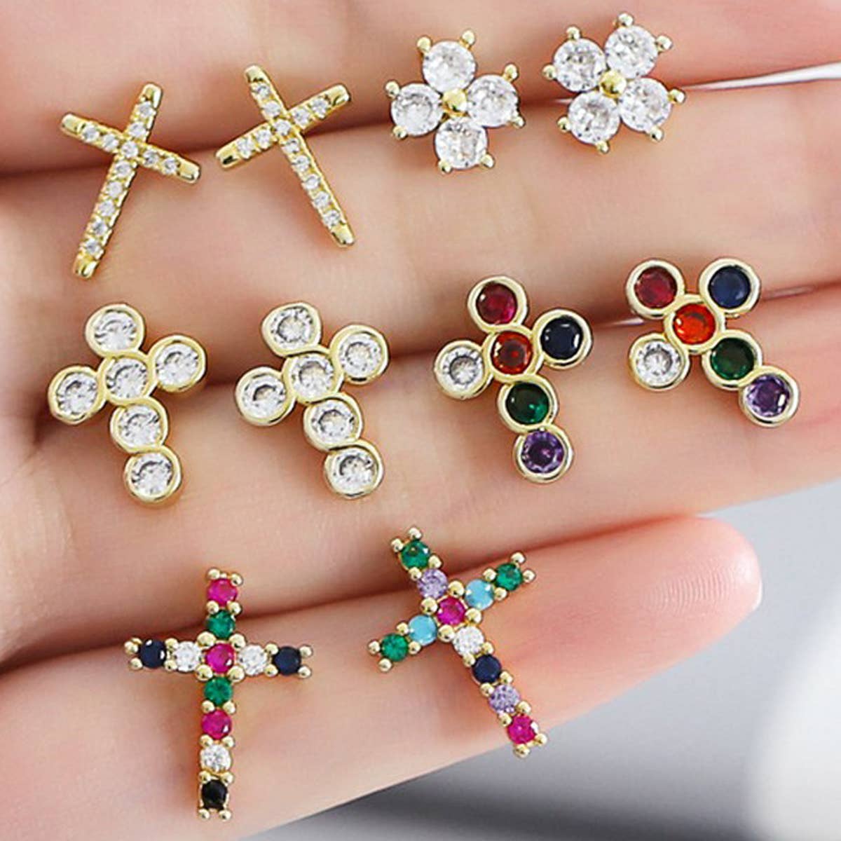COLORED ZIRCON CROSS EARRINGS