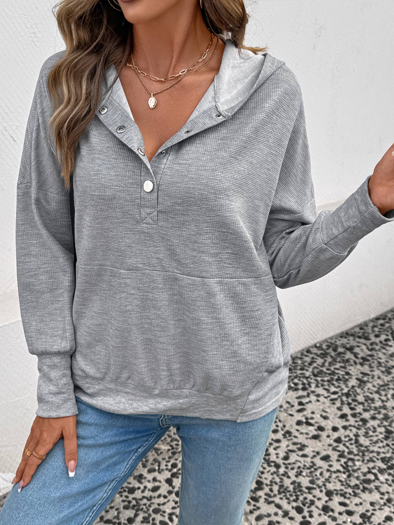 V-neck solid-color casual hooded sweatshirt