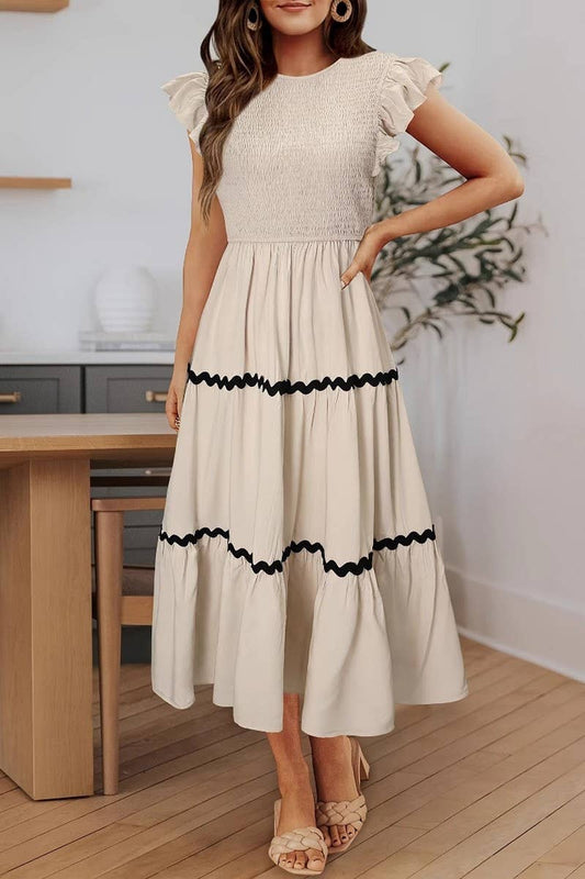 CWDMD4885_RUFFLED HIGH WAIST WAVY EDGE LAYERED DRESS