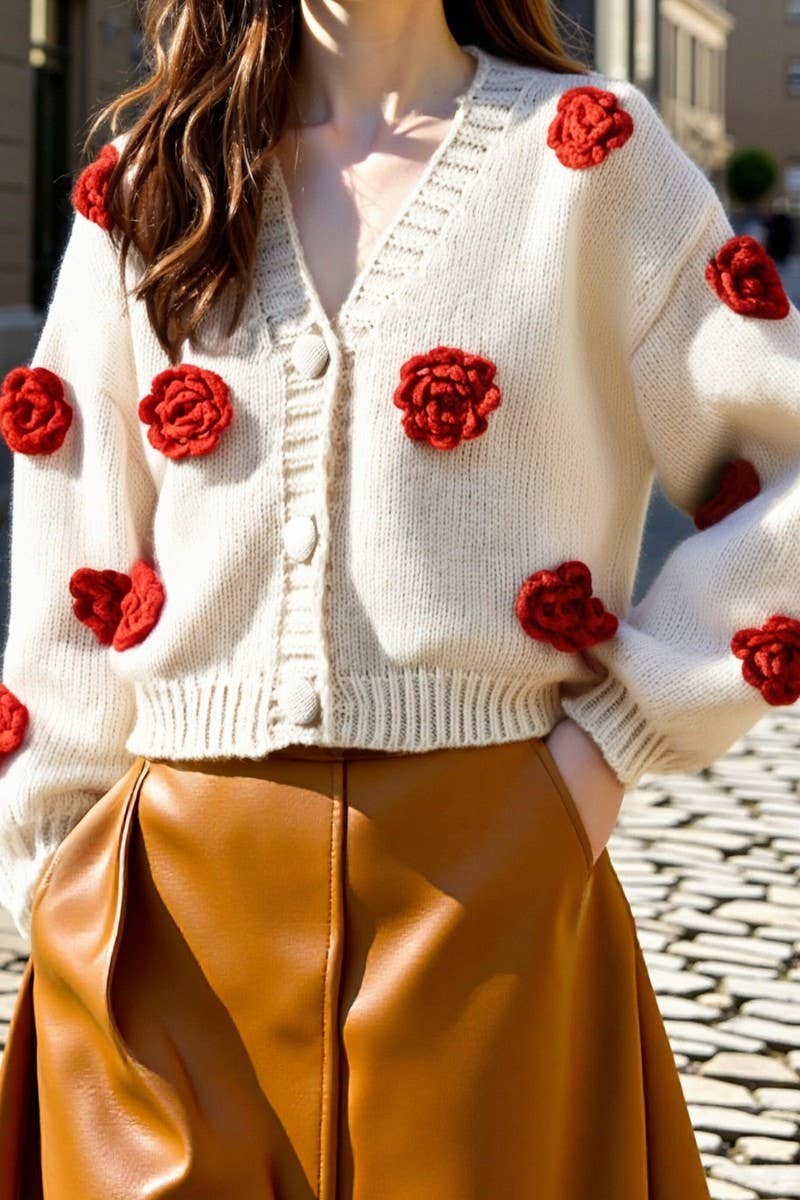 CWOCAL2357_3D FLORAL KNIT V-NECK BUTTON CARDIGAN