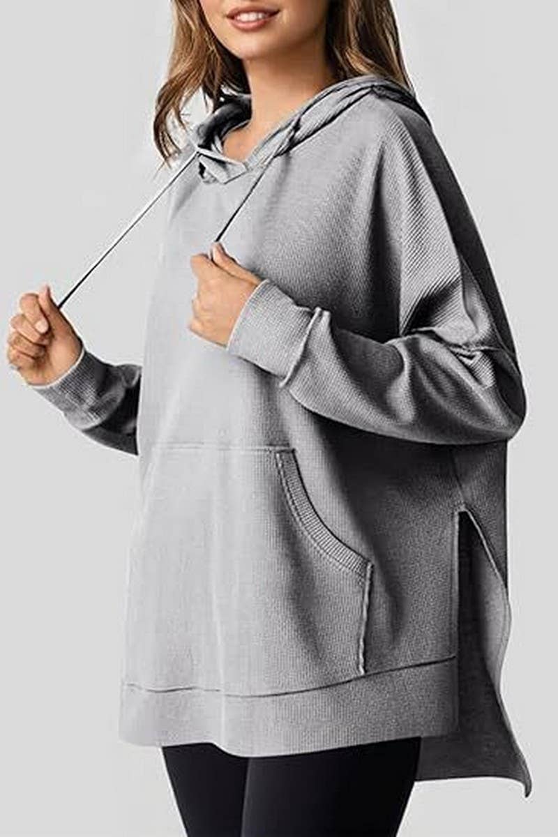 CWOHOL00633_RELAXED WAFFLE KNIT SIDE SLIT HOODED PULLOVER