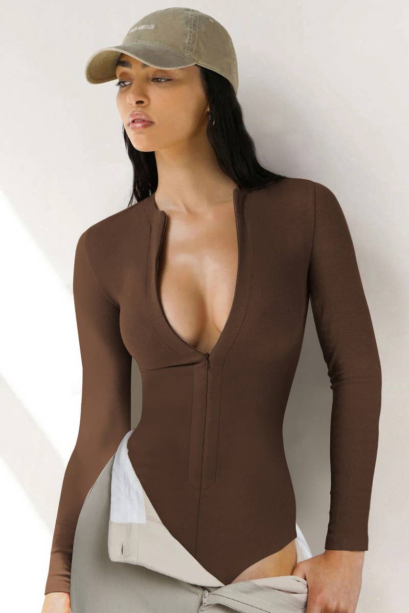 SEXY ZIP UP LONG SLEEVE TOPS BODYSUITS_CWSBS0110