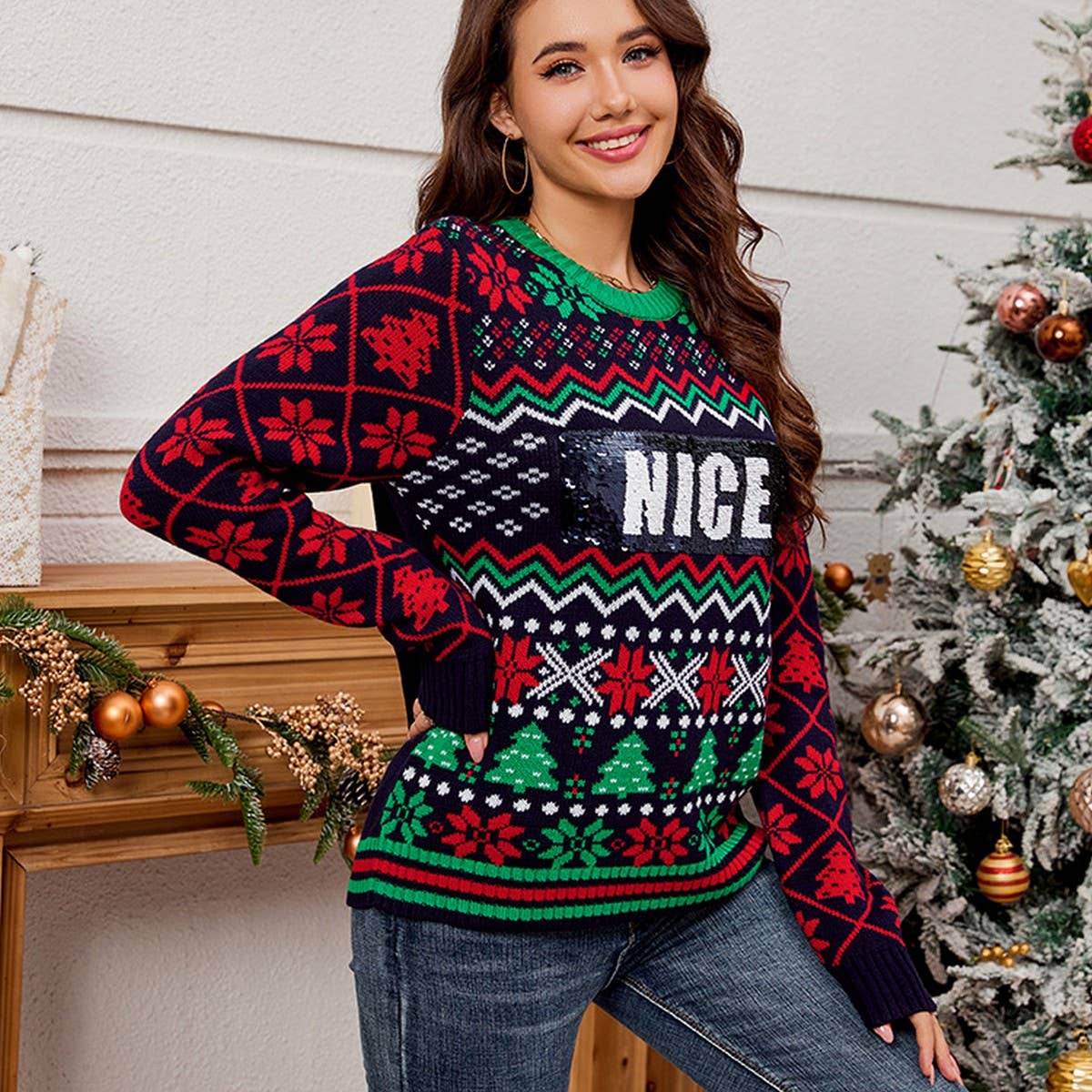 Sequin embroidered jacquard Christmas sweater