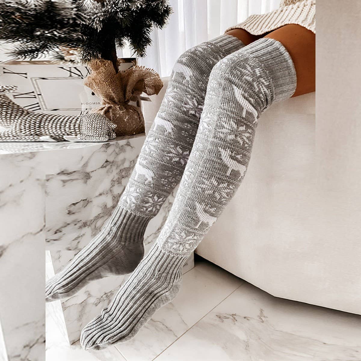 CHRISTMAS ELK SNOWFLAKE LONG KNEE-HIGH SOCKS