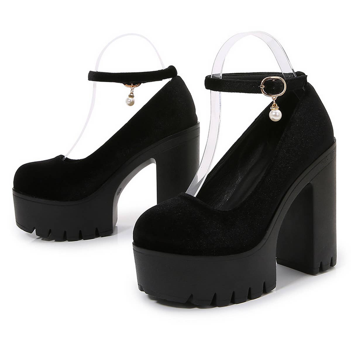 ROUND TOE FLAT BUCKLE PLATFORM HIGH HEELS