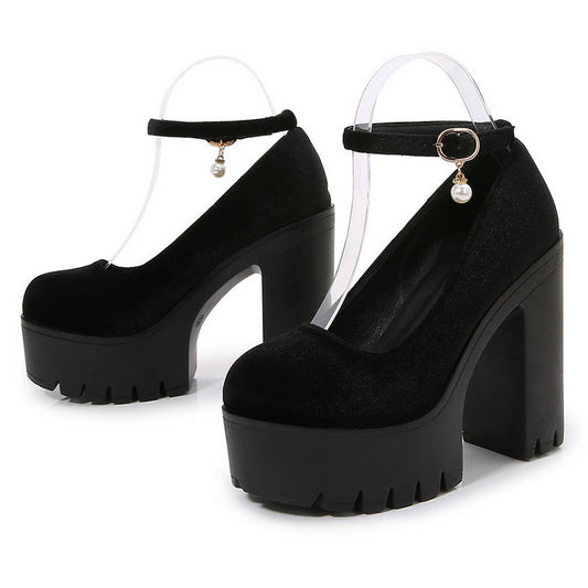 ROUND TOE FLAT BUCKLE PLATFORM HIGH HEELS