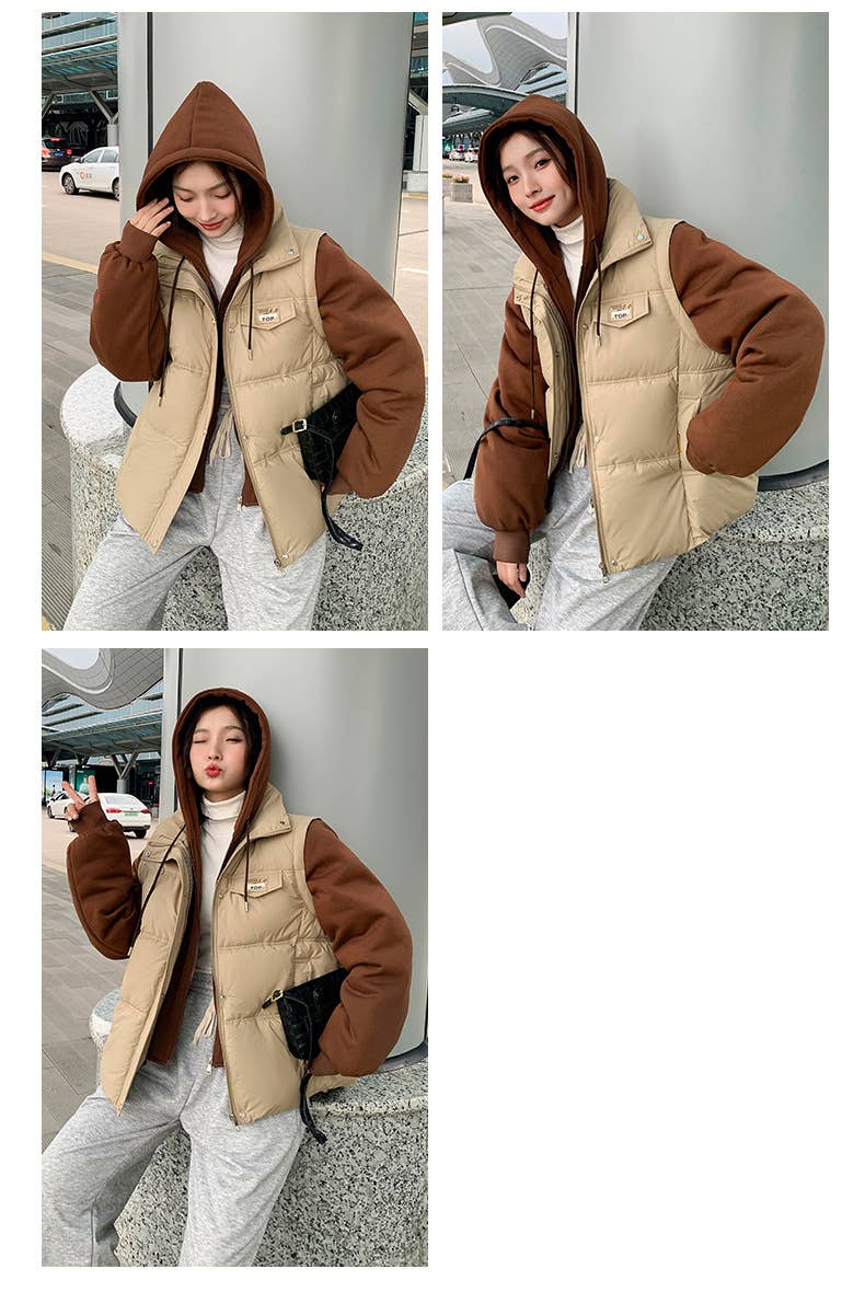 Fake two pieces loose contrast color padded coat