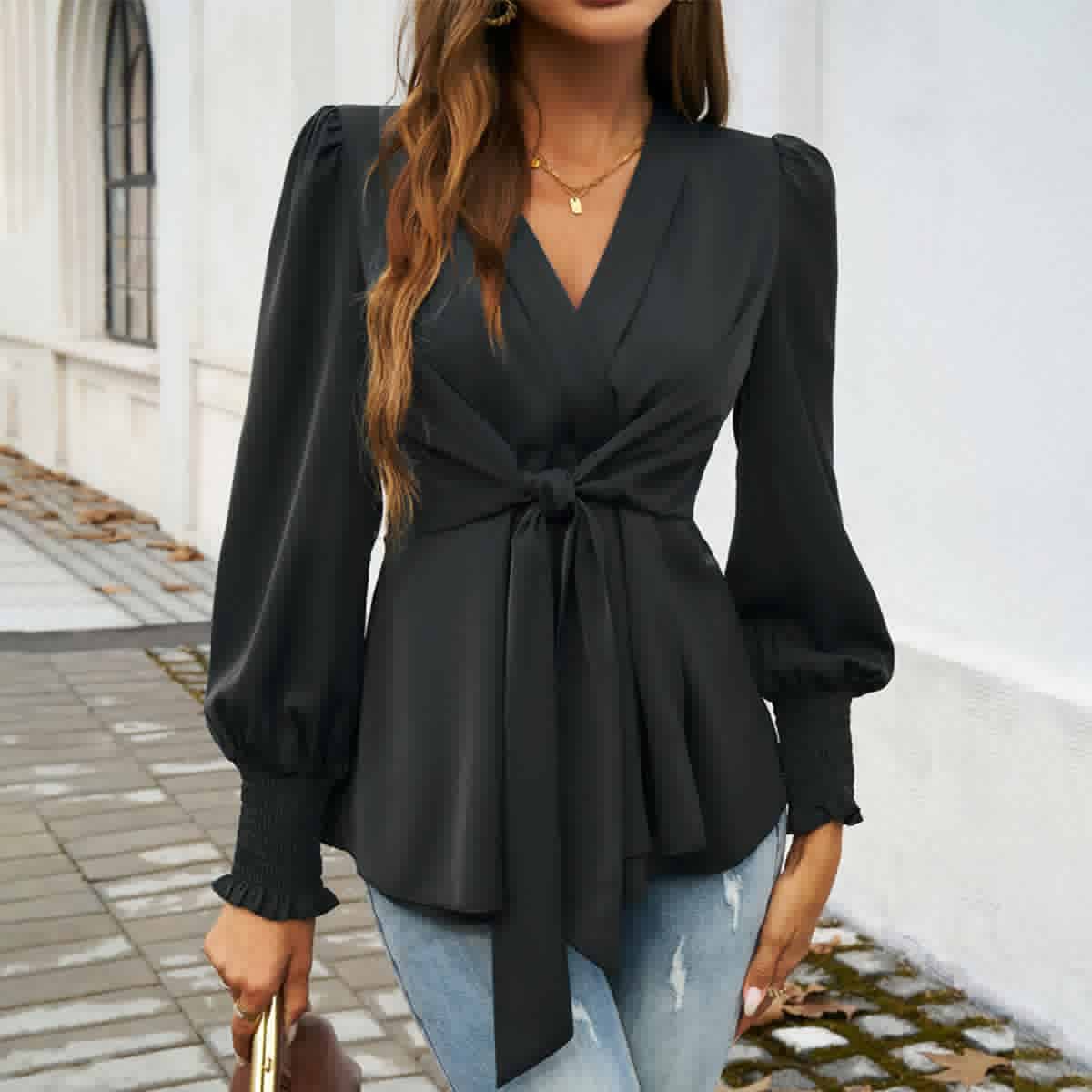 Temperament casual V-neck long sleeve shirt