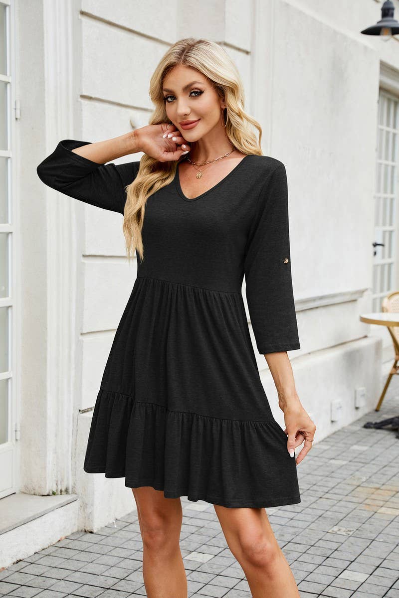 CWDSD7286_MID-LENGTH SLEEVE V-NECK PLEATED RUFFLE DRESS