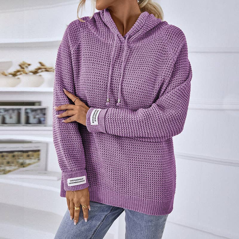 Solid color hooded drawstring knit sweater