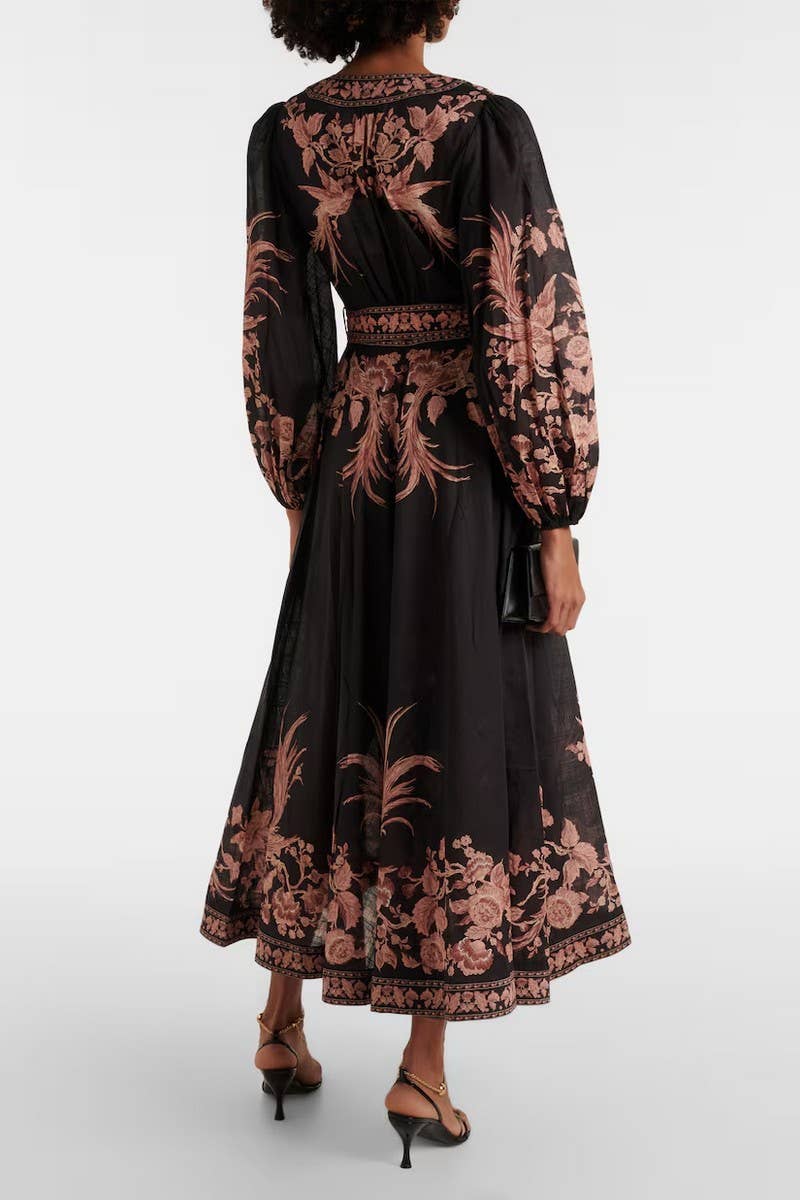 CWDMD5739_V-NECK FASHIONABLE PRINTED LONG-SLEEVED TIE DRESS