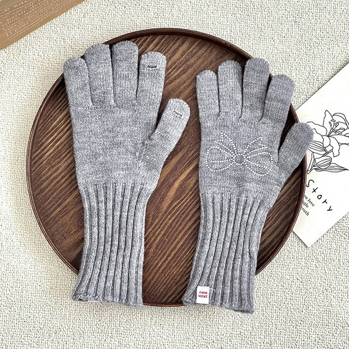 RHINESTONE BOW TOUCH SCREEN FIVE-FINGER GLOVES_CWAG0141