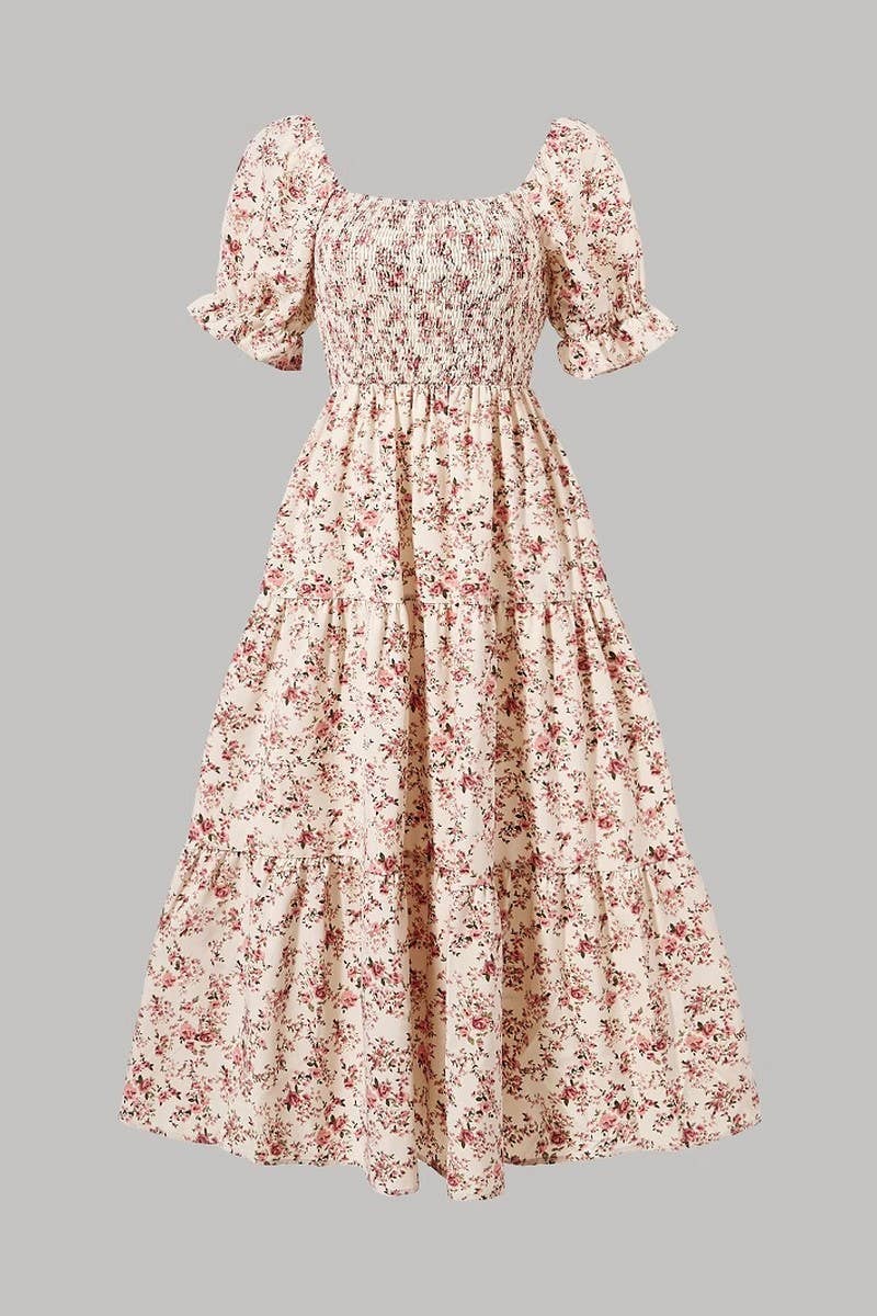 CWDMD6343_SUMMER SQUARE NECK PUFF SLEEVE FLORAL DRESS