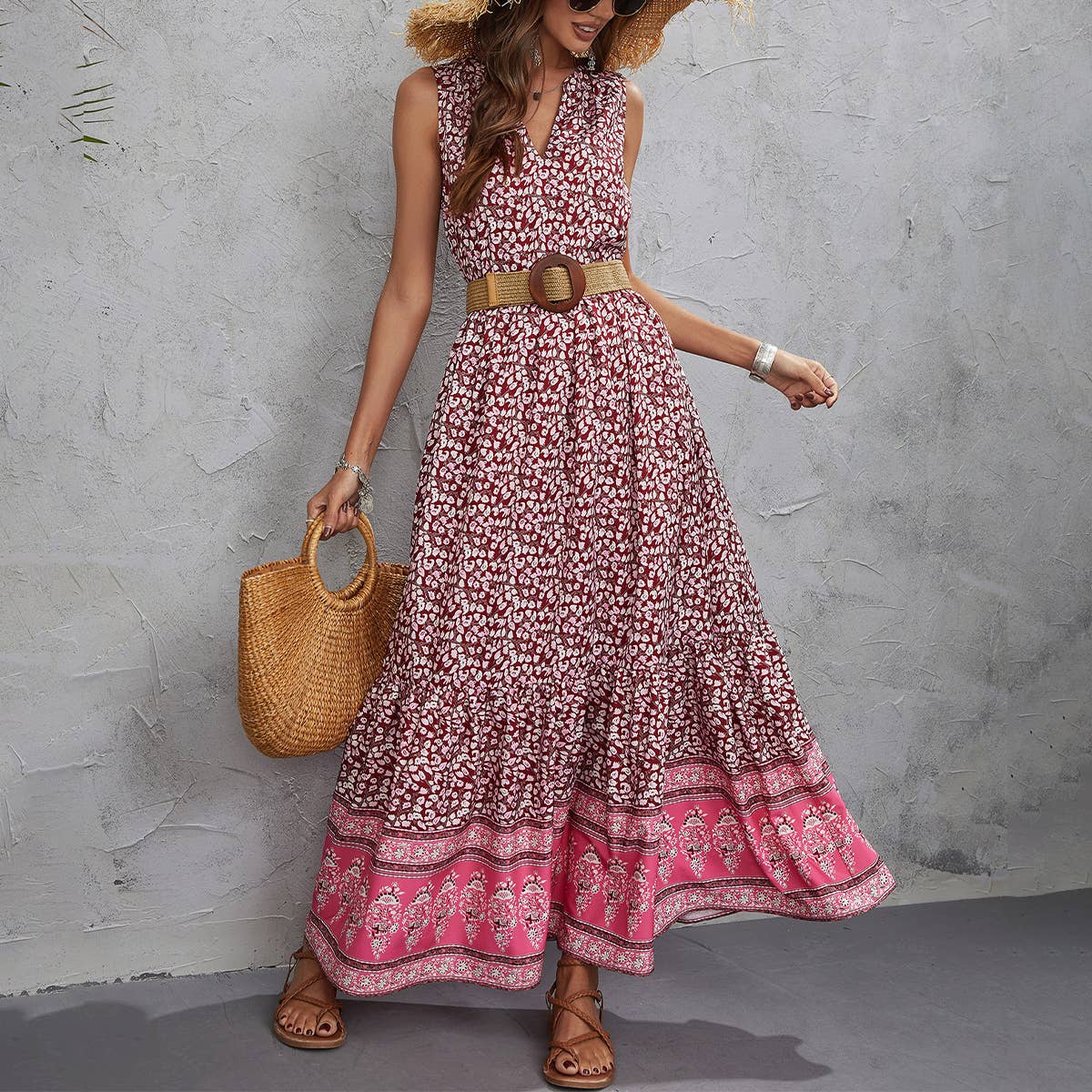 WOMEN'S PRINTED V-NECK SLEEVELESS BELT DRESS