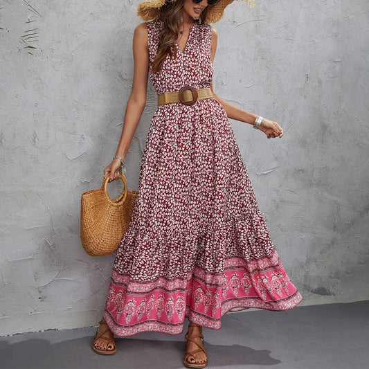 WOMEN'S PRINTED V-NECK SLEEVELESS BELT DRESS
