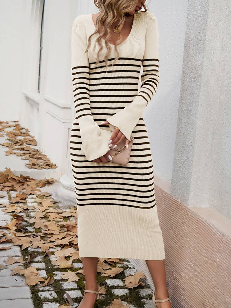 SLIM-FIT V-NECK STRIPED SWEATER DRESS