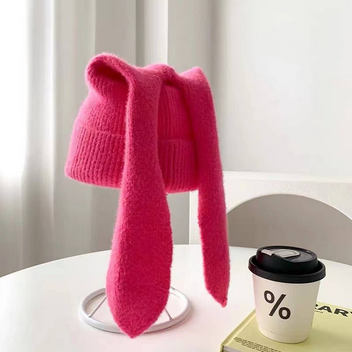 CWAH2212_SOLID COLOR LONG EAR RABBIT KNITTED WOOL HAT