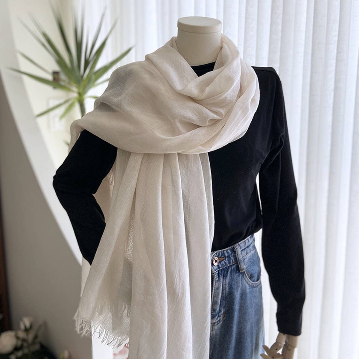 Solid Cotton Linen Scarf for Women Summer Sun Prot_CWASC1451