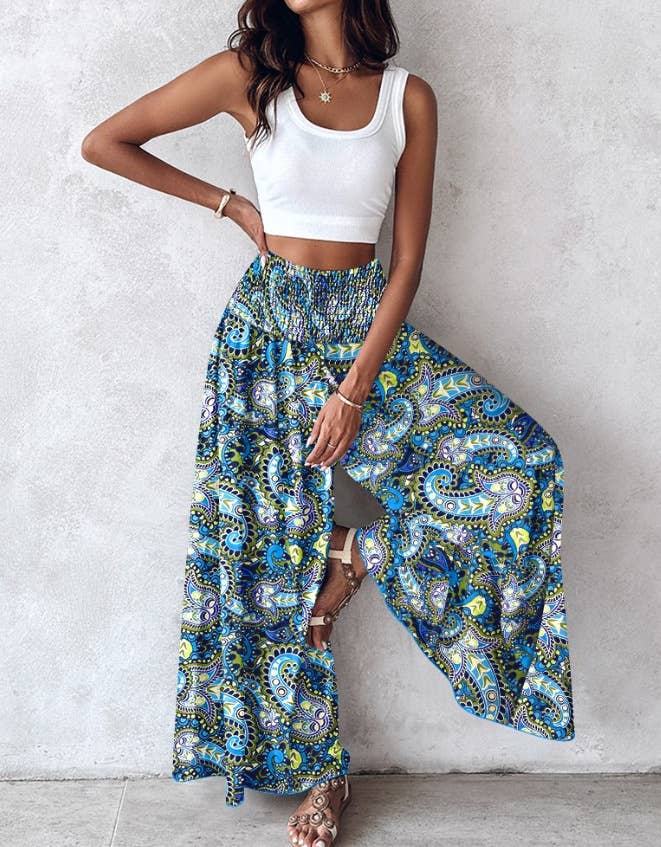 Tropical print retro floral print wide leg pants