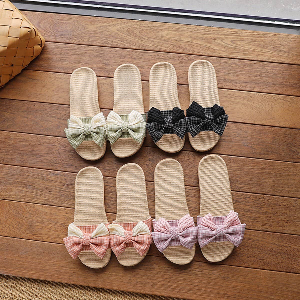 Korean Linen Bow Slippers Soft Sole Non-Slip