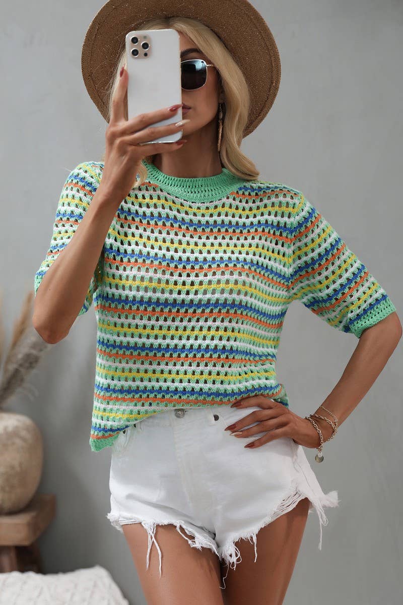 Cwtts0736_Crochet Short Sleeve Pullover Sweater