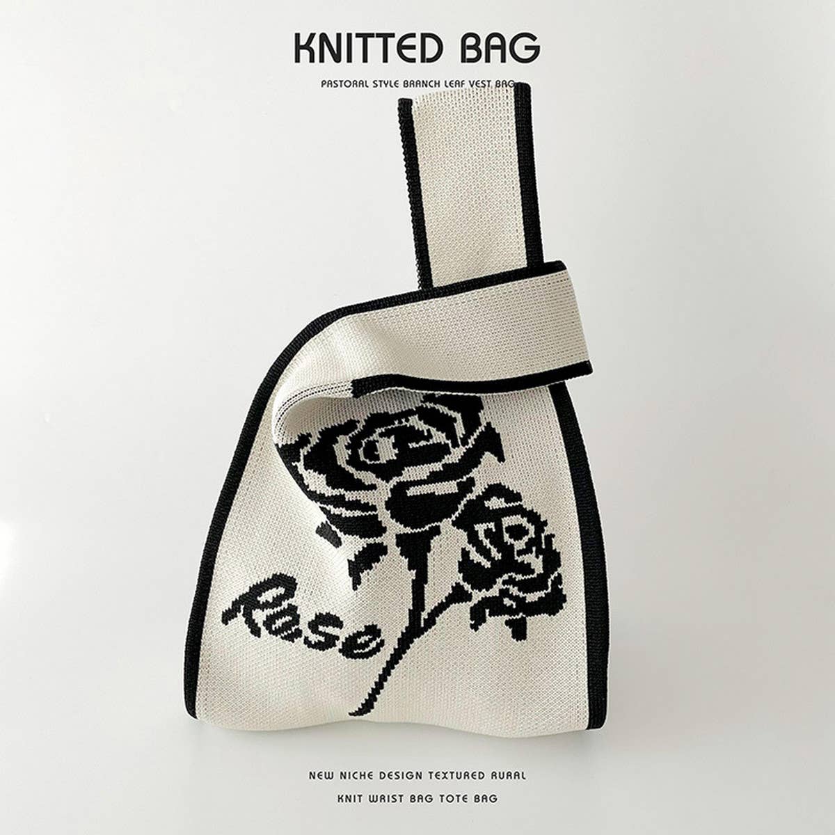 BLACK AND WHITE ROSE KNITTED SHOULDER TOTE BAG_CWAB1518