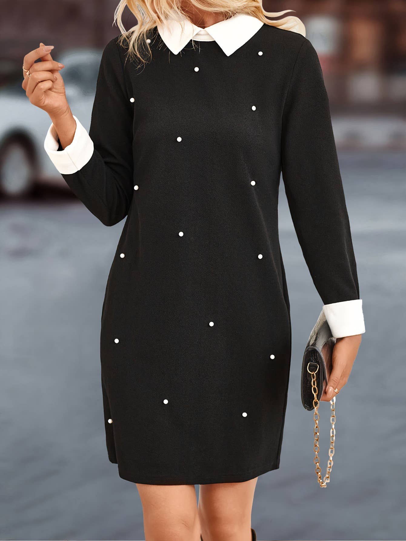 Solid color beaded lapel knitted A-line dress