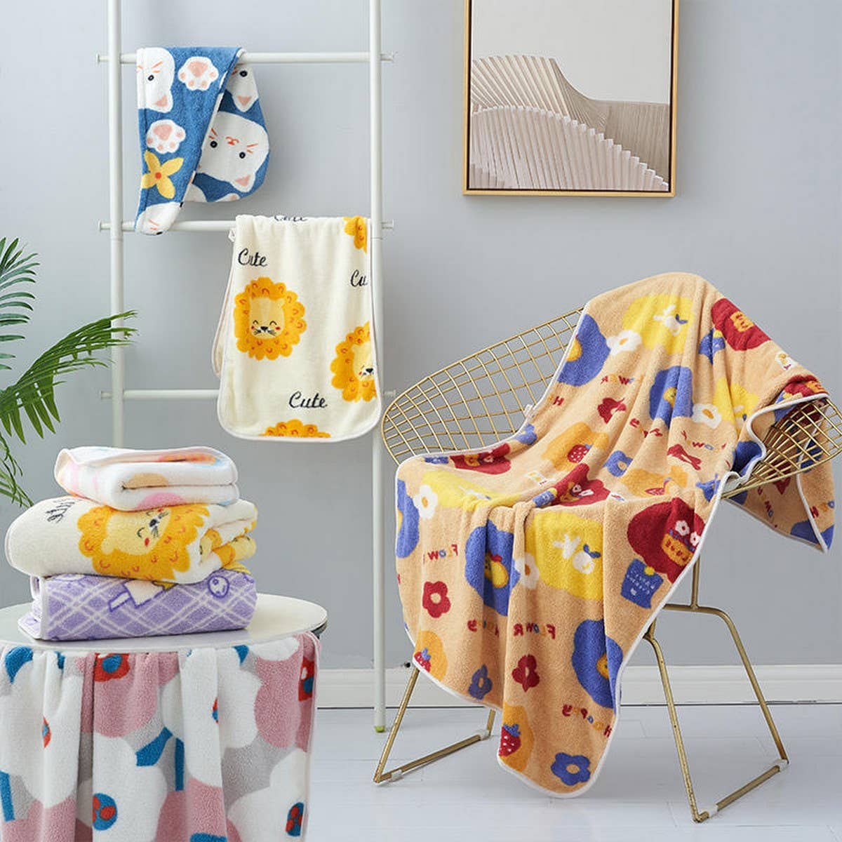 CORAL FLEECE PRINTED SHOWER CAP TOWEL BATH TOWEL