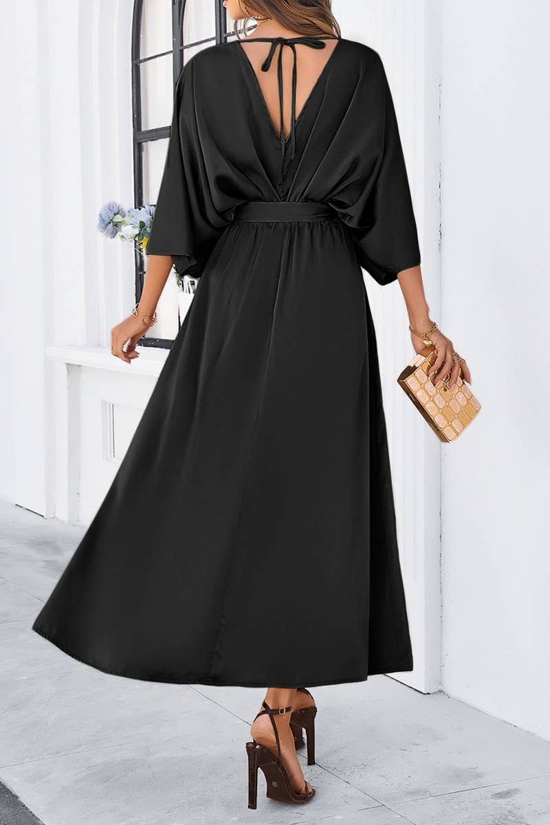 CWDMD1334_V-Neck 3/4 Sleeve With Belt Maxi Dresses