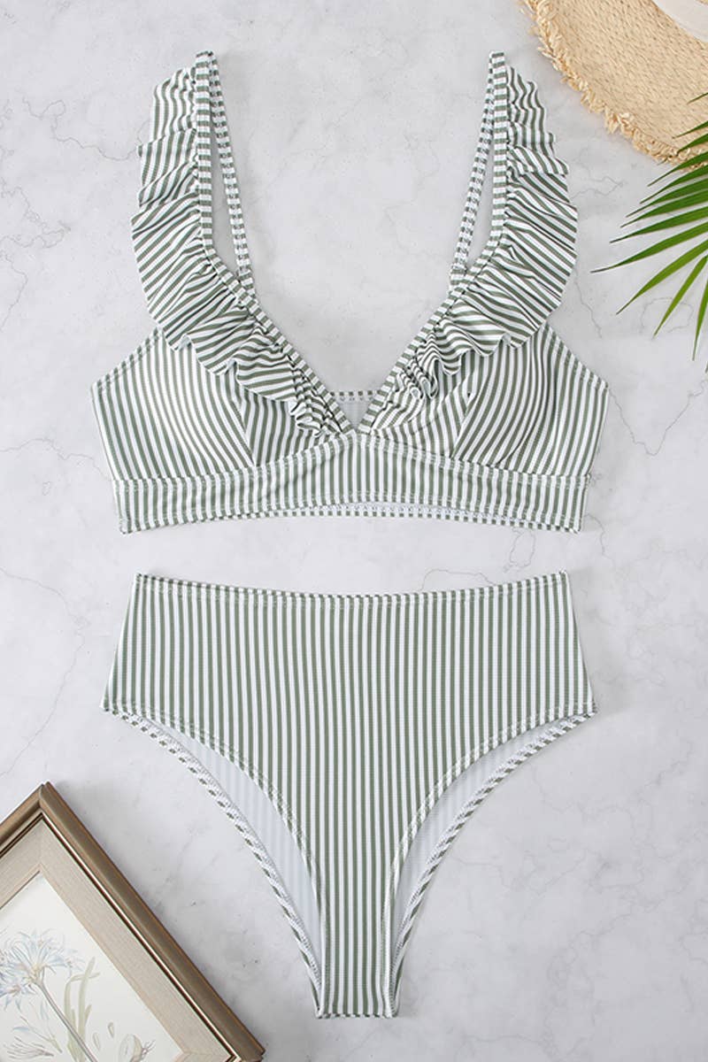 CWMW0794_STRIPED HIGH WAISTED V-NECK RUFFLED SWIMSUIT
