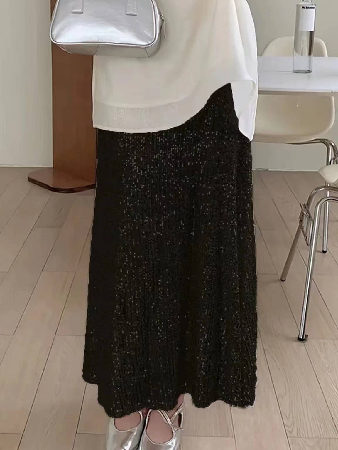 Sequined high-waisted inner elastic drape skirt