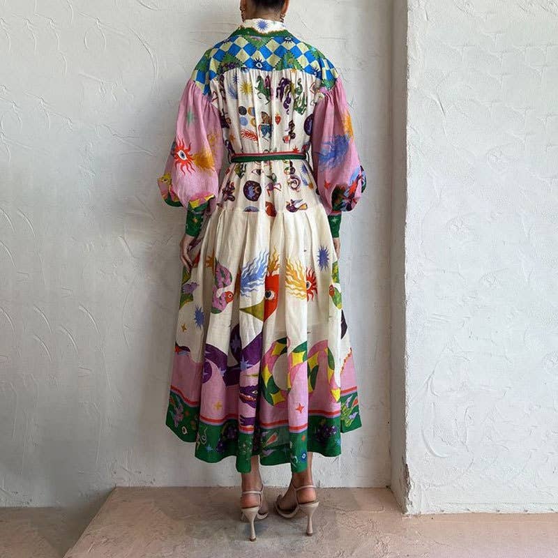 LANTERN SLEEVE PRINTED LAPEL LONG-SLEEVED DRESS