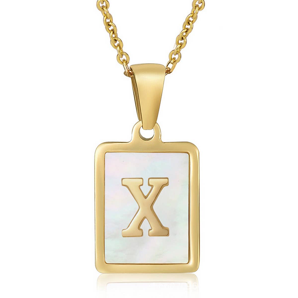 CWAJE1917_Square Stainless Steel White Shell Letter Necklace