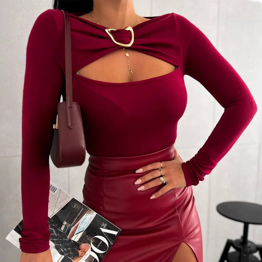 LONG SLEEVE HOLLOW SOLID COLOR SLIM-FIT T-SHIRT