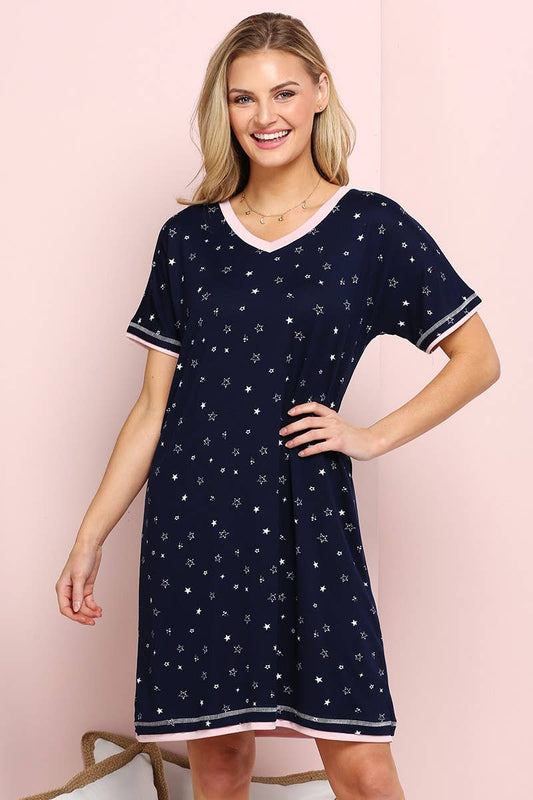 CWDSD10385_V-NECK SHORT SLEEVE SLEEPWEAR DRESS