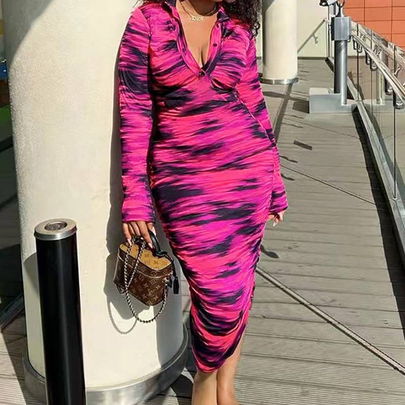 LAPEL SINGLE-BREASTED TIE-DYE SHEATH DRESS