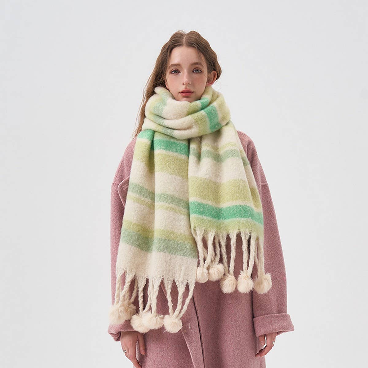 Cozy Colorblock Stripe Pom-Pom Scarf for Winter